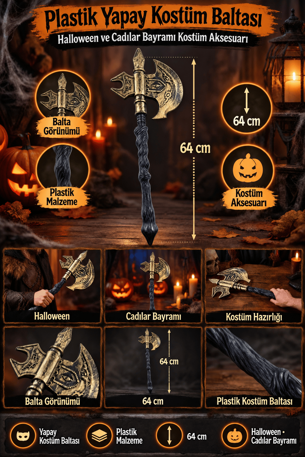Halloween Balta Plastik Kostüm Baltası 64 cm cadılar bayramı