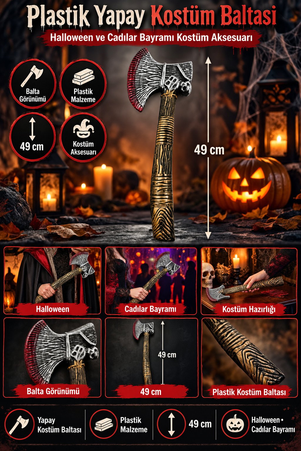 Halloween Balta Plastik Kostüm Baltası 49 cm cadılar bayramı