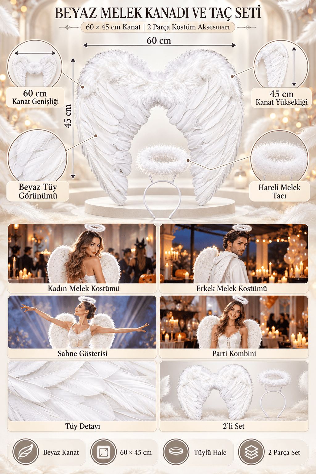 Halloween beyaz 60X45 melek kanadı+beyaz hareli melek tacı 2li set