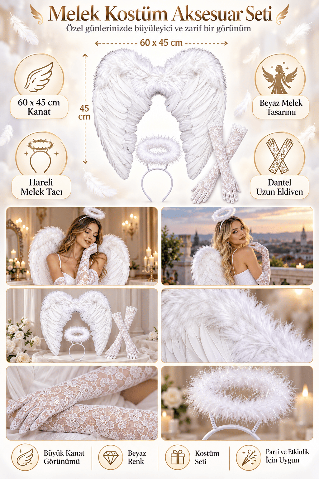 Halloween Beyaz 60X45 melek kanadı+beyaz hareli melek tacı+beyaz dantel uzun eldiven