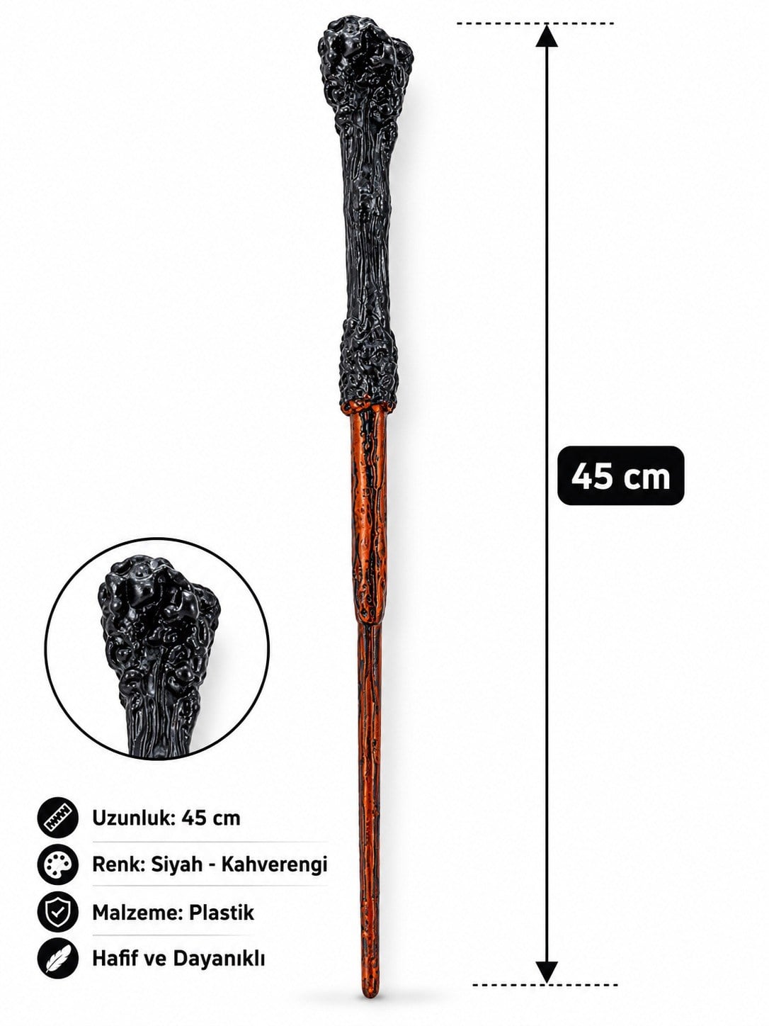 Halloween Cadı Asası 45 cm Siyah Kahverengi Büyücü Asası