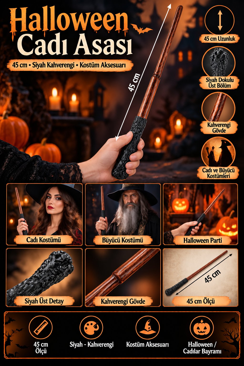 Halloween Cadı Asası 45 cm Siyah Kahverengi Büyücü Asası