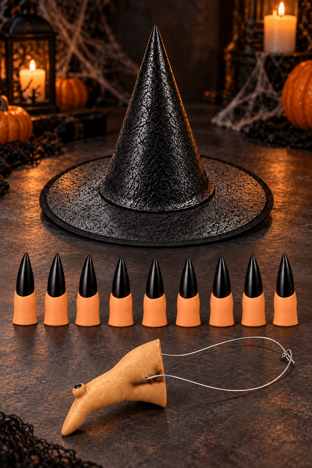 Halloween Cadı kostüm seti deri şapka+10 silikon siyah tırnak +silikon cadı burnu