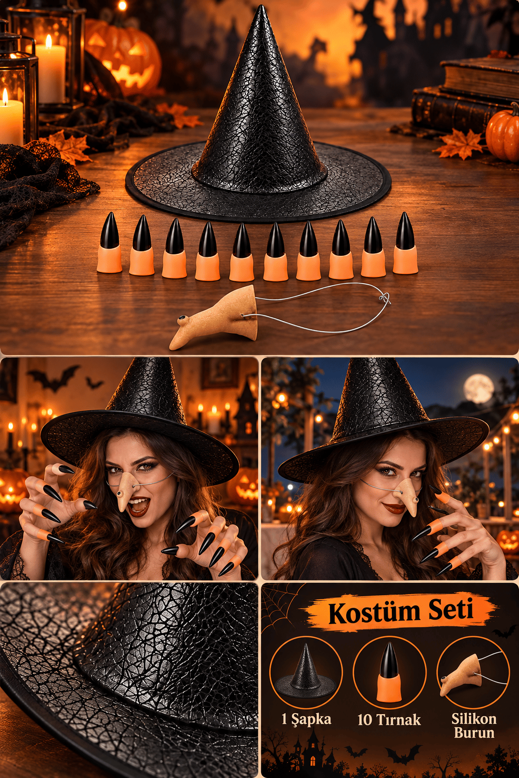 Halloween Cadı kostüm seti deri şapka+10 silikon siyah tırnak +silikon cadı burnu