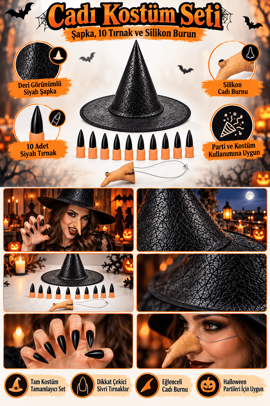 Halloween Cadı kostüm seti deri şapka+10 silikon siyah tırnak +silikon cadı burnu