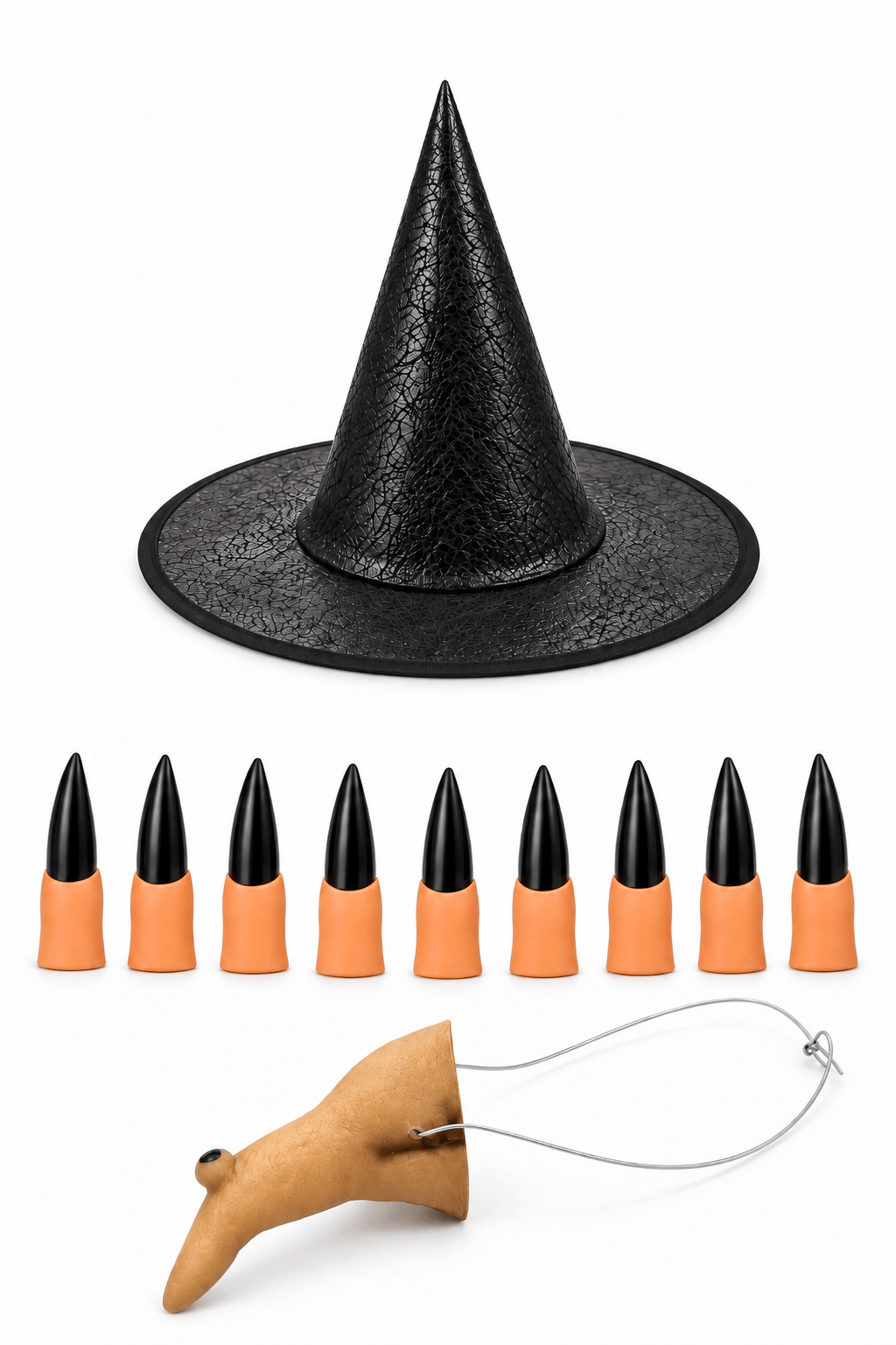 Halloween Cadı kostüm seti deri şapka+10 silikon siyah tırnak +silikon cadı burnu