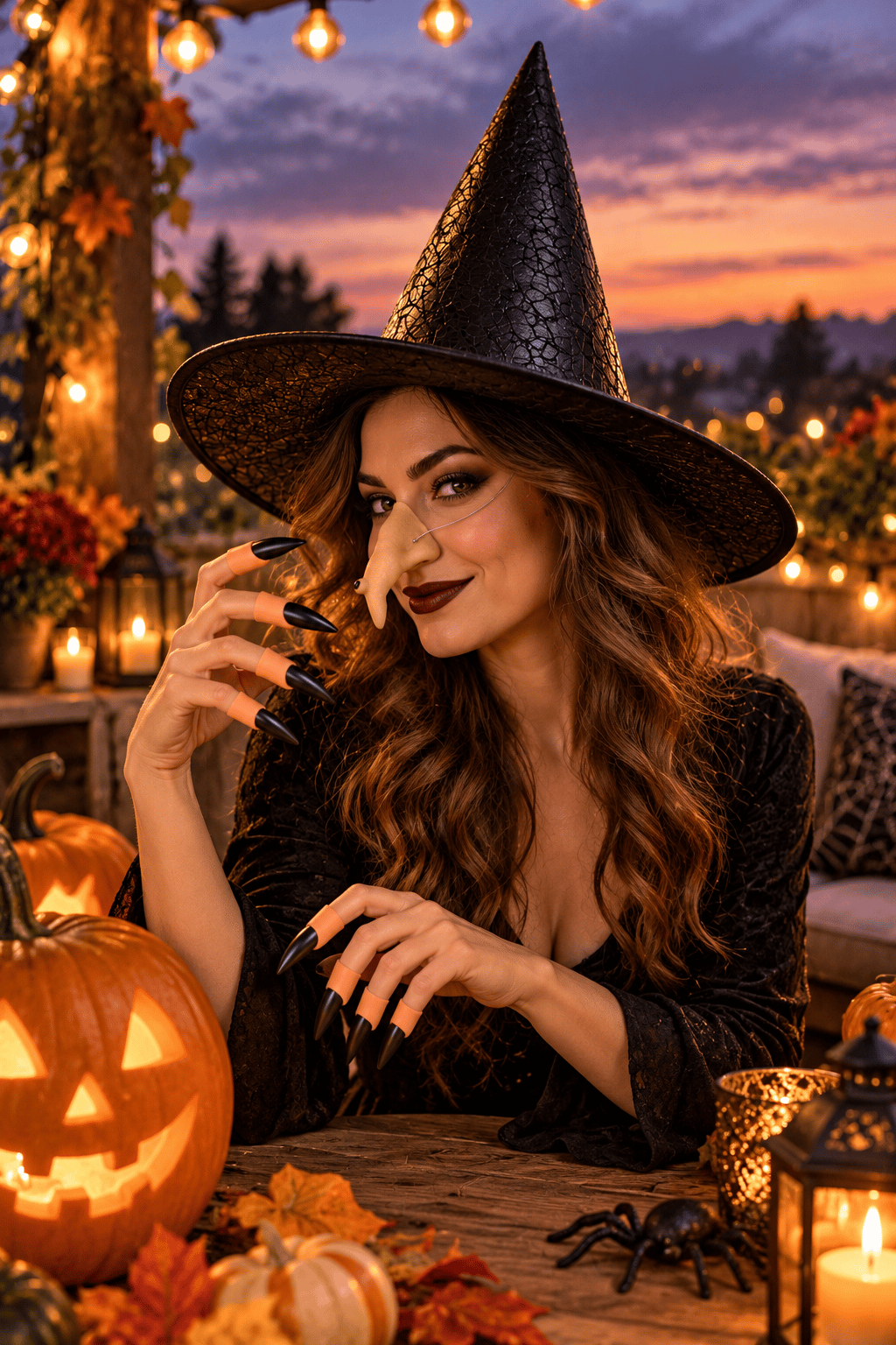 Halloween Cadı kostüm seti deri şapka+10 silikon siyah tırnak +silikon cadı burnu