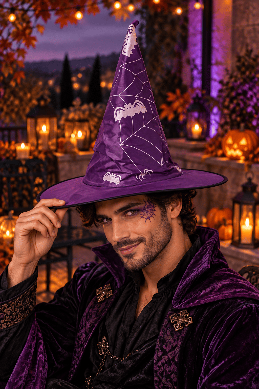 Halloween Cadı Şapkası Bez Örümcek Ağı Baskılı Mor