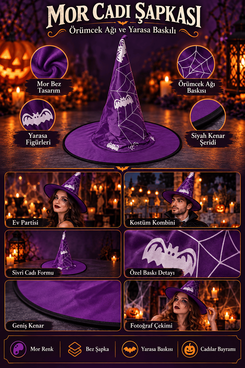Halloween Cadı Şapkası Bez Örümcek Ağı Baskılı Mor