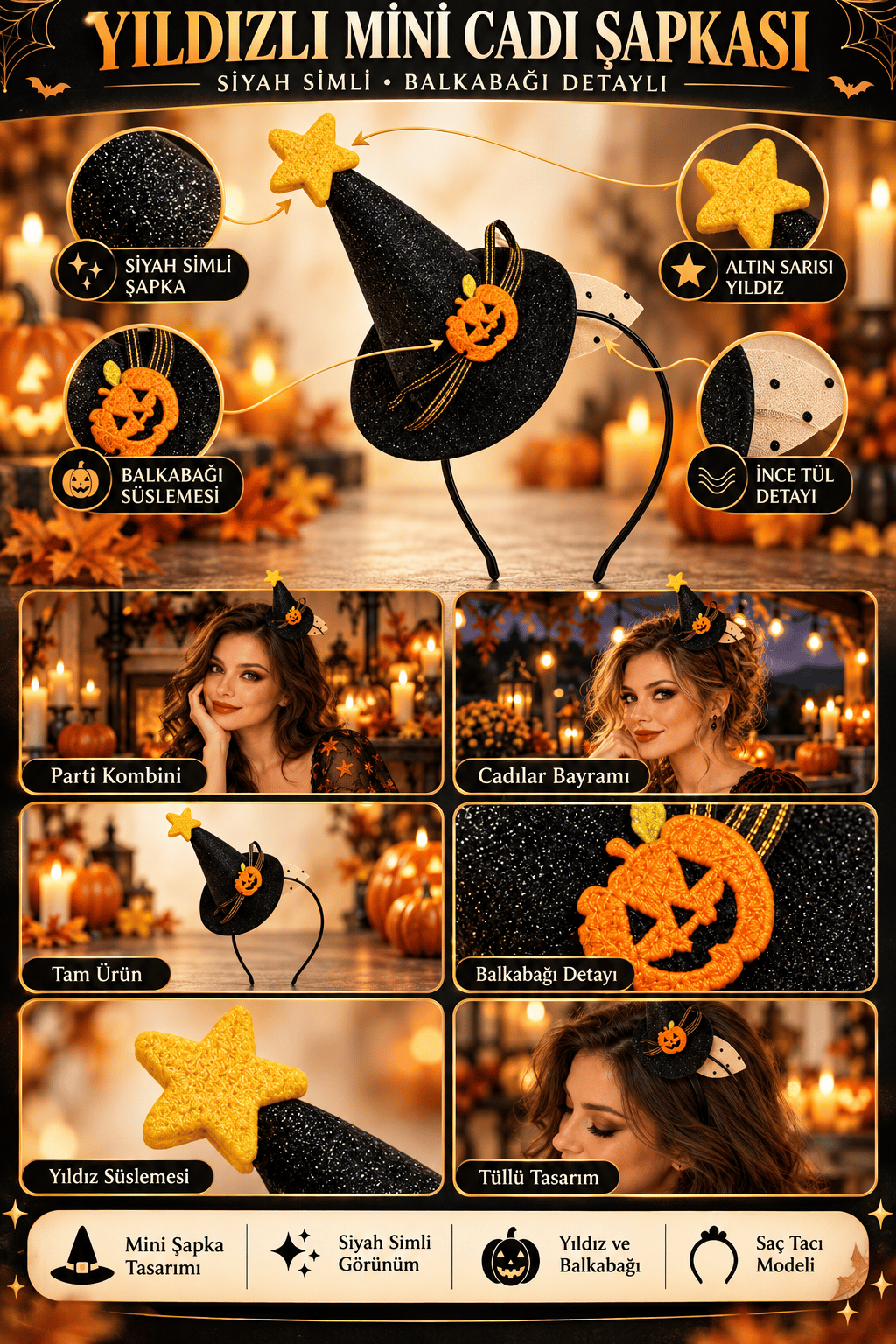 Halloween Cadıl.Siyah simli tüllü balk.yıld.mini ş