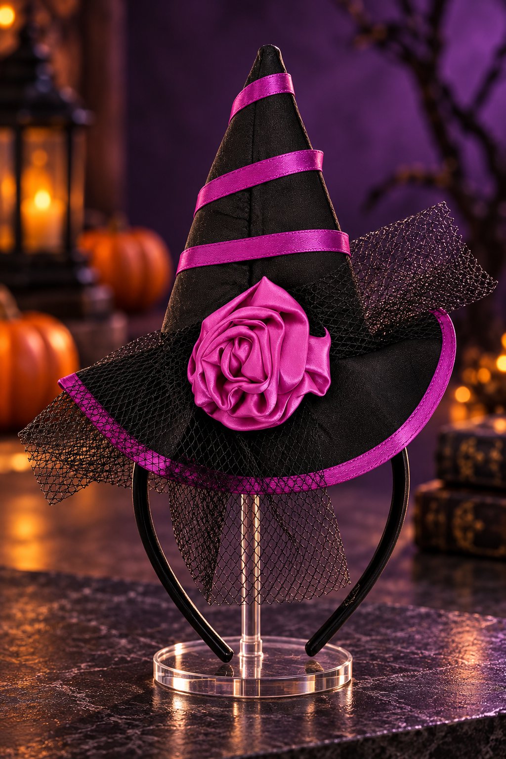 Halloween Cadılar Bay.Mor Siyah Güllü Mini Şapka