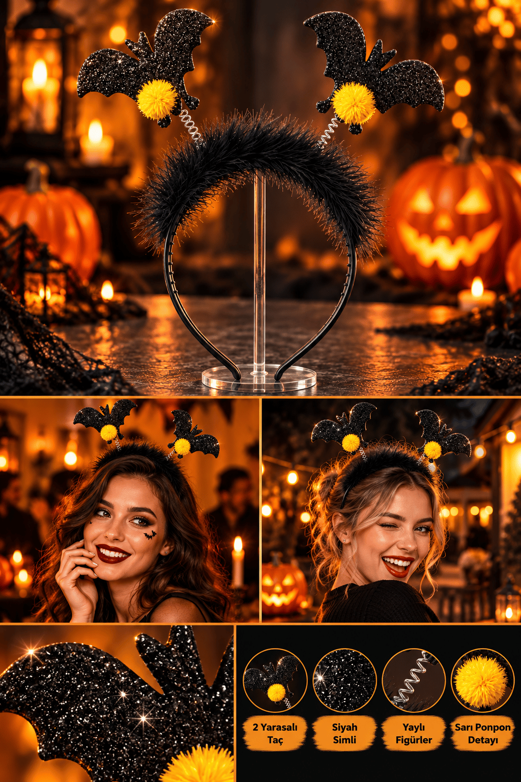 Halloween Cadılar Bay.2li Siyah Yarasa Taç Tüylü