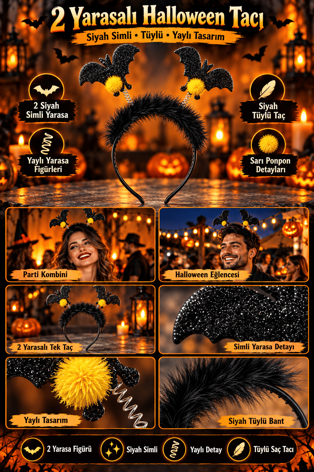 Halloween Cadılar Bay.2li Siyah Yarasa Taç Tüylü