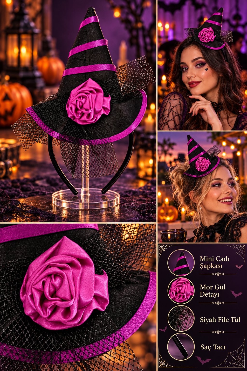 Halloween Cadılar Bay.Mor Siyah Güllü Mini Şapka