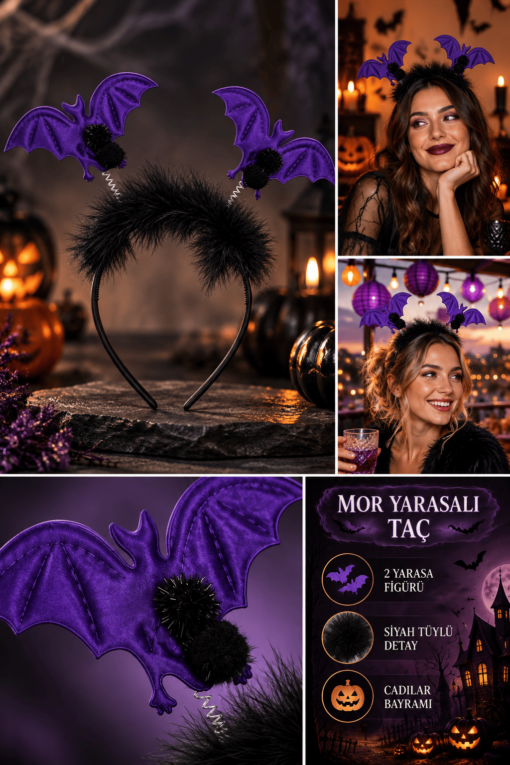 Halloween Cadılar Bayramı 2li Mor Yarasa Taç Tüylü Pari Aksesuarı