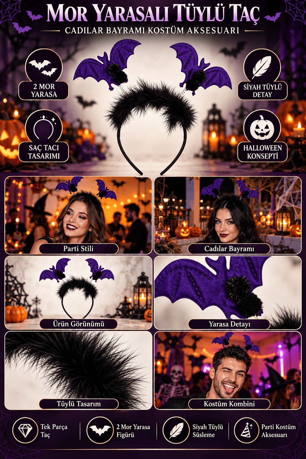 Halloween Cadılar Bayramı 2li Mor Yarasa Taç Tüylü Pari Aksesuarı