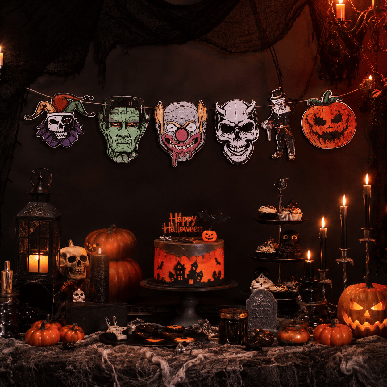 Halloween Cadılar Bayramı Banner 6lı korkunç figür Drakula, Kesikbaş, Playaço, İskelet, Balkabağı Korku Figürleri