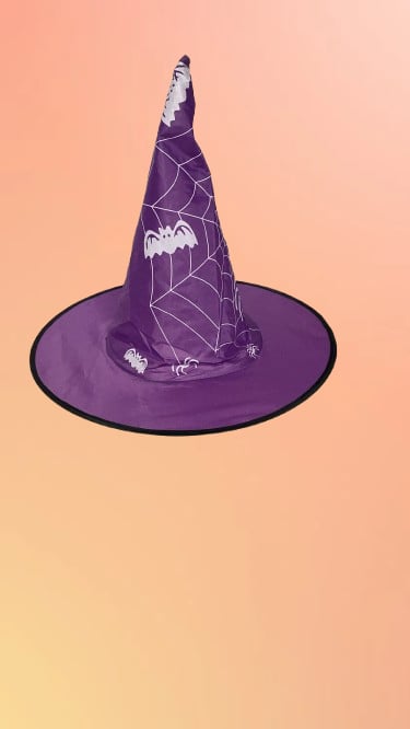 Halloween -Cadılar Bayramı Cadı Şapkası Bez Örümcek Ağı Baskılı Mor -Kafa çevresi 22cm Korku Kostümü
