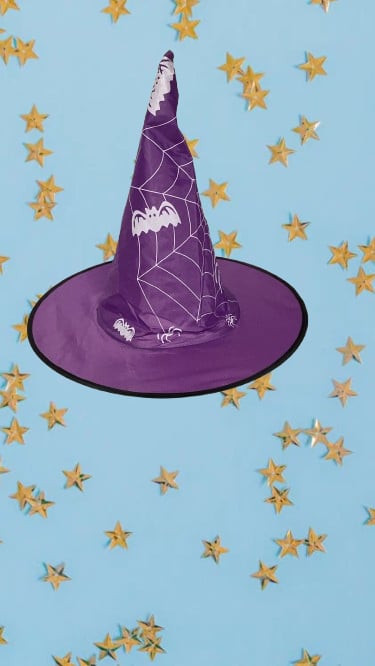 Halloween -Cadılar Bayramı Cadı Şapkası Bez Örümcek Ağı Baskılı Mor -Kafa çevresi 22cm Korku Kostümü