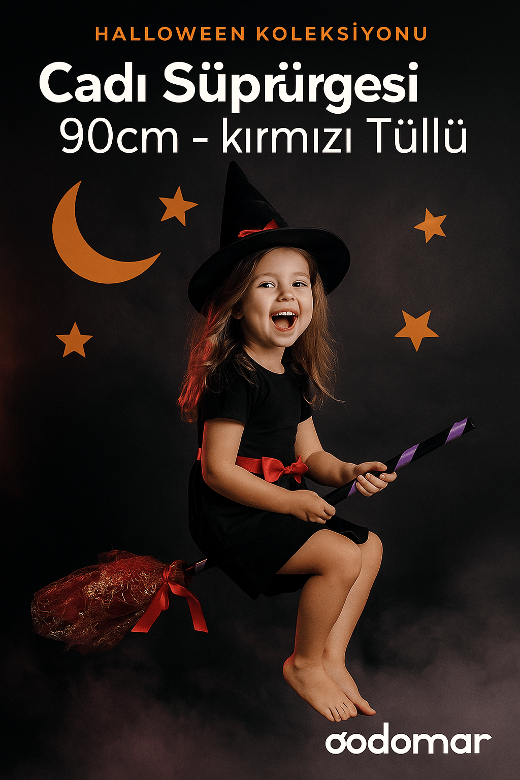 Halloween Cadılar Bayramı Cadı Süpürgesi Tüllü Kırmızı 90 cm Geçmeli Sopalı