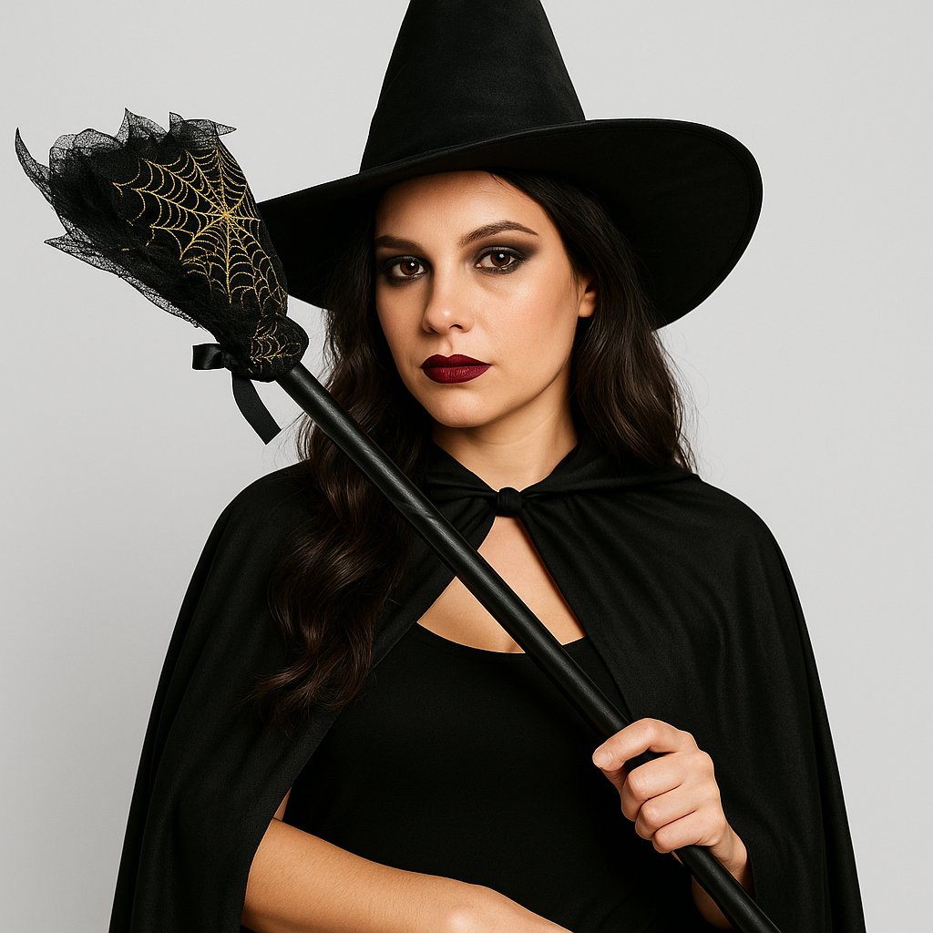 Halloween Cadılar Bayramı Cadı Süpürgesi Tüllü Siyah 90 cm Geçmeli Sopalı