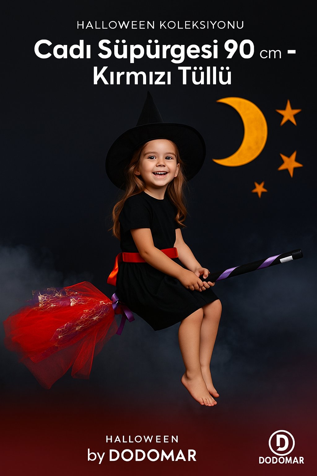 Halloween Cadılar Bayramı Cadı Süpürgesi Tüllü Kırmızı 90 cm Geçmeli Sopalı