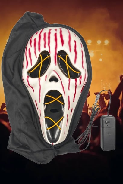 Halloween Cadılar Bayramı Çığlık Maskesi Neon Model Lüks Pilli Arkası Tüllü Korku Kostümü Aksesuarı