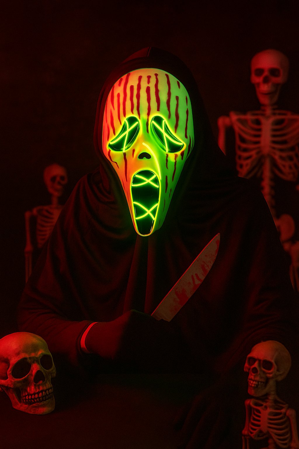 Halloween Cadılar Bayramı Çığlık Maskesi Neon Model Lüks Pilli Arkası Tüllü Korku Kostümü Aksesuarı