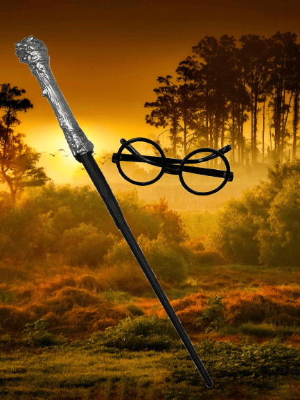 Halloween Cadılar Bayramı Harry Potter Asa ve  Gözlük Set Lüks Parti Aksesuarı