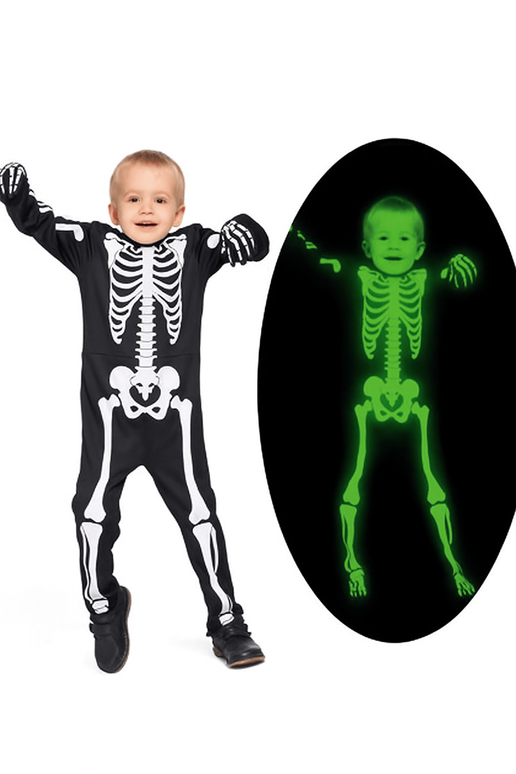 Halloween -Cadılar bayramı için  Çocuk İskelet Kostüm - Parlayan Fosforlu (3-4 Yaş, 95 cm) Korku Kostümü