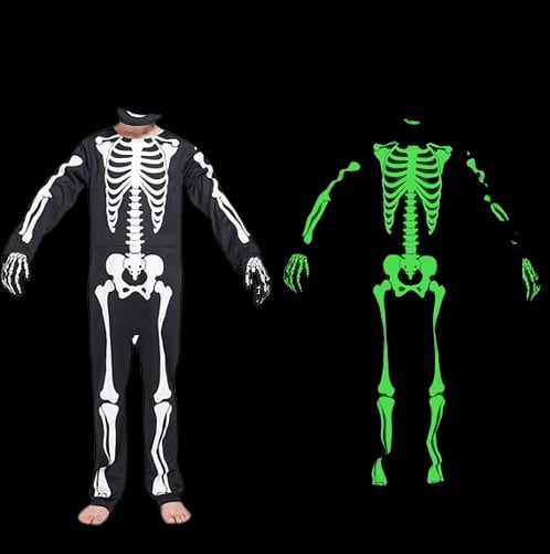 Halloween -Cadılar bayramı için  Çocuk İskelet Kostüm - Parlayan Fosforlu (3-4 Yaş, 95 cm) Korku Kostümü