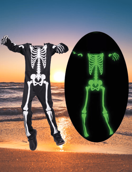 Halloween -Cadılar bayramı için  Çocuk İskelet Kostüm - Parlayan Fosforlu (3-4 Yaş, 95 cm) Korku Kostümü