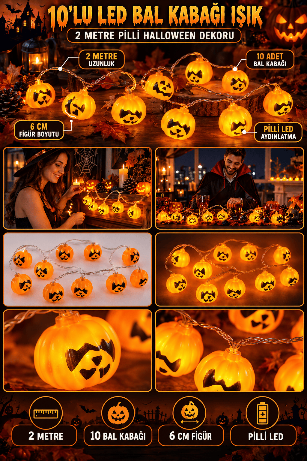 Halloween Cadılar Bayramı Işık Led Bal Kabağı Figür 2m 6cm 10lu pilli Süsleme Dekoru