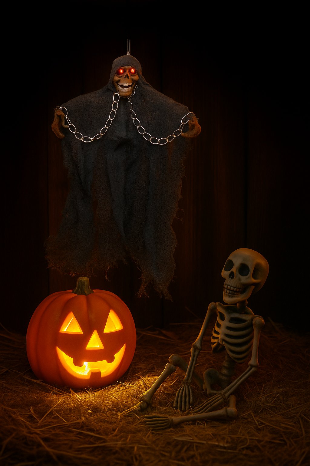 Halloween Cadılar Bayramı İskelet Korkuluk Işıklı Sesli 30 cm Yeşil. Korku Aksesuarı