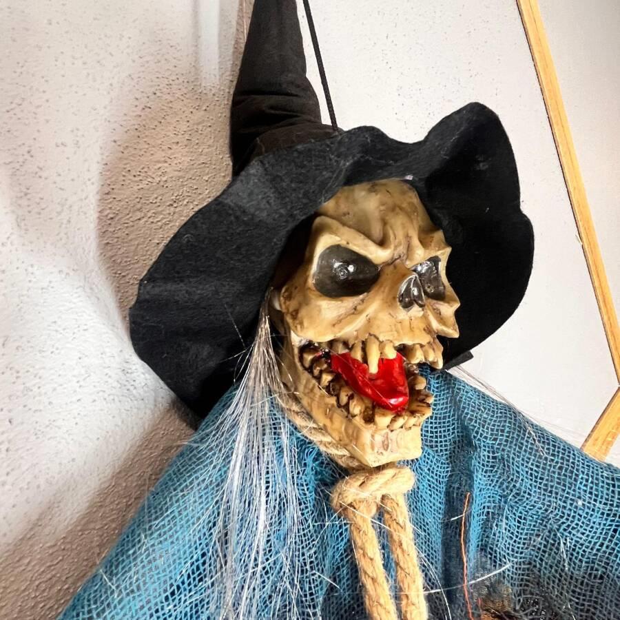Halloween Cadılar Bayramı İskelet Korkuluk Welcome Yazılı Işıklı Sesli 120 cm Mavi Korku Aksesuarı Kapı Süsü