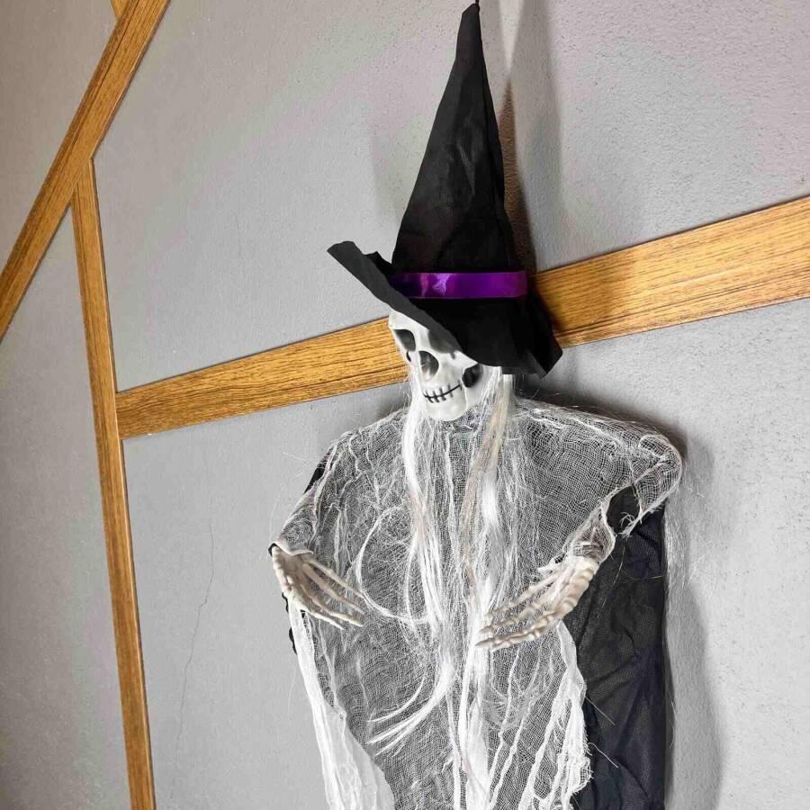 Halloween Cadılar Bayramı İskelet Korkuluk Şapkalı Saçlı 100 Cm Korku Kapı Parti Süsü