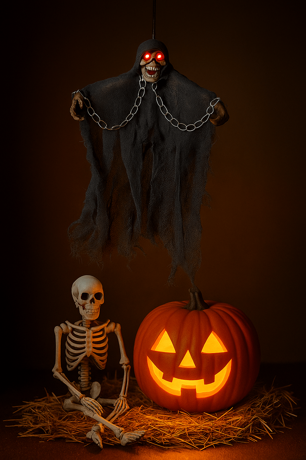 Halloween Cadılar Bayramı İskelet Korkuluk Işıklı Sesli 30 cm Yeşil. Korku Aksesuarı