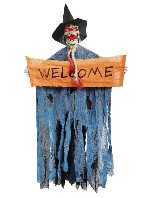 Halloween Cadılar Bayramı İskelet Korkuluk Welcome Yazılı Işıklı Sesli 120 cm Mavi Korku Aksesuarı Kapı Süsü