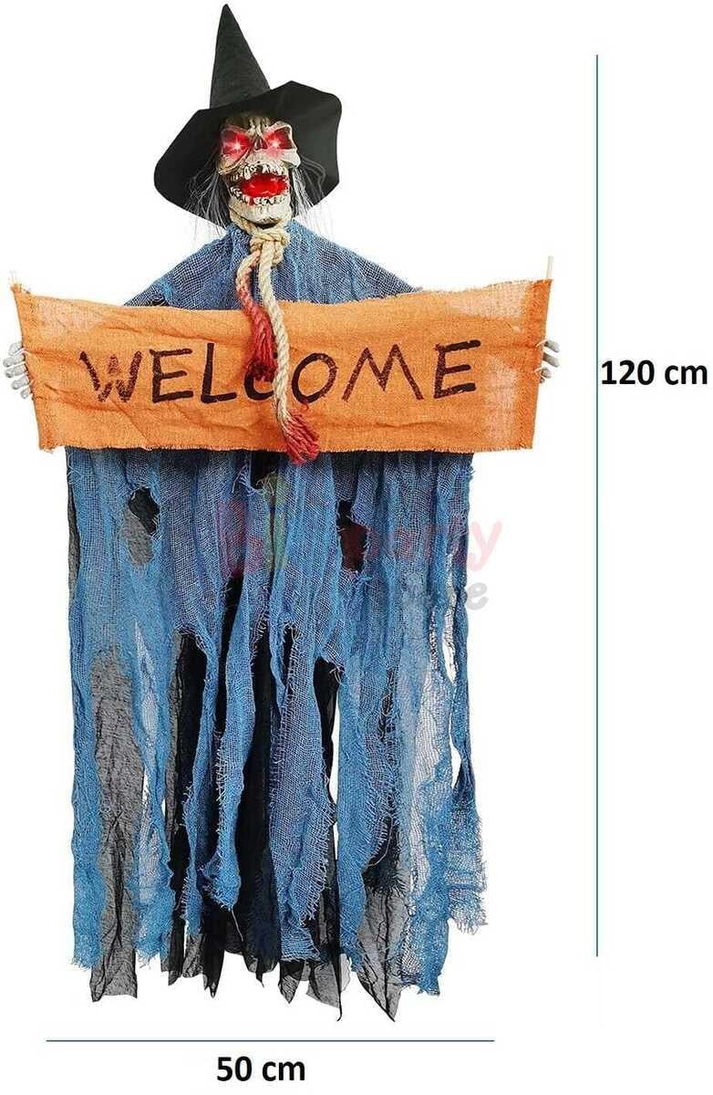 Halloween Cadılar Bayramı İskelet Korkuluk Welcome Yazılı Işıklı Sesli 120 cm Mavi Korku Aksesuarı Kapı Süsü