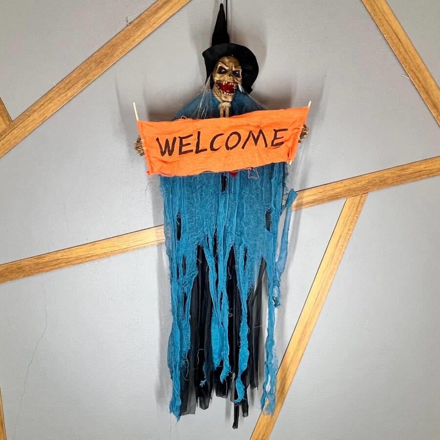 Halloween Cadılar Bayramı İskelet Korkuluk Welcome Yazılı Işıklı Sesli 120 cm Mavi Korku Aksesuarı Kapı Süsü