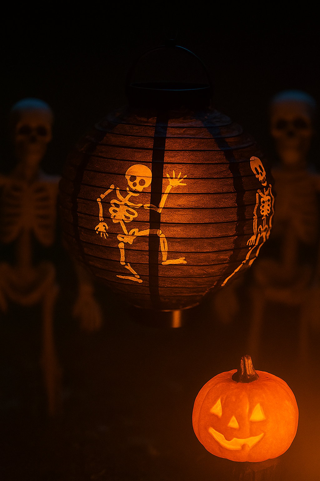 Halloween Cadılar Bayramı Japon Feneri Pilli 20 cm Siyah Renkli İskelet Desenli Korku Aksesuarı