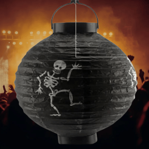 Halloween Cadılar Bayramı Japon Feneri Pilli 20 cm Siyah Renkli İskelet Desenli Korku Aksesuarı