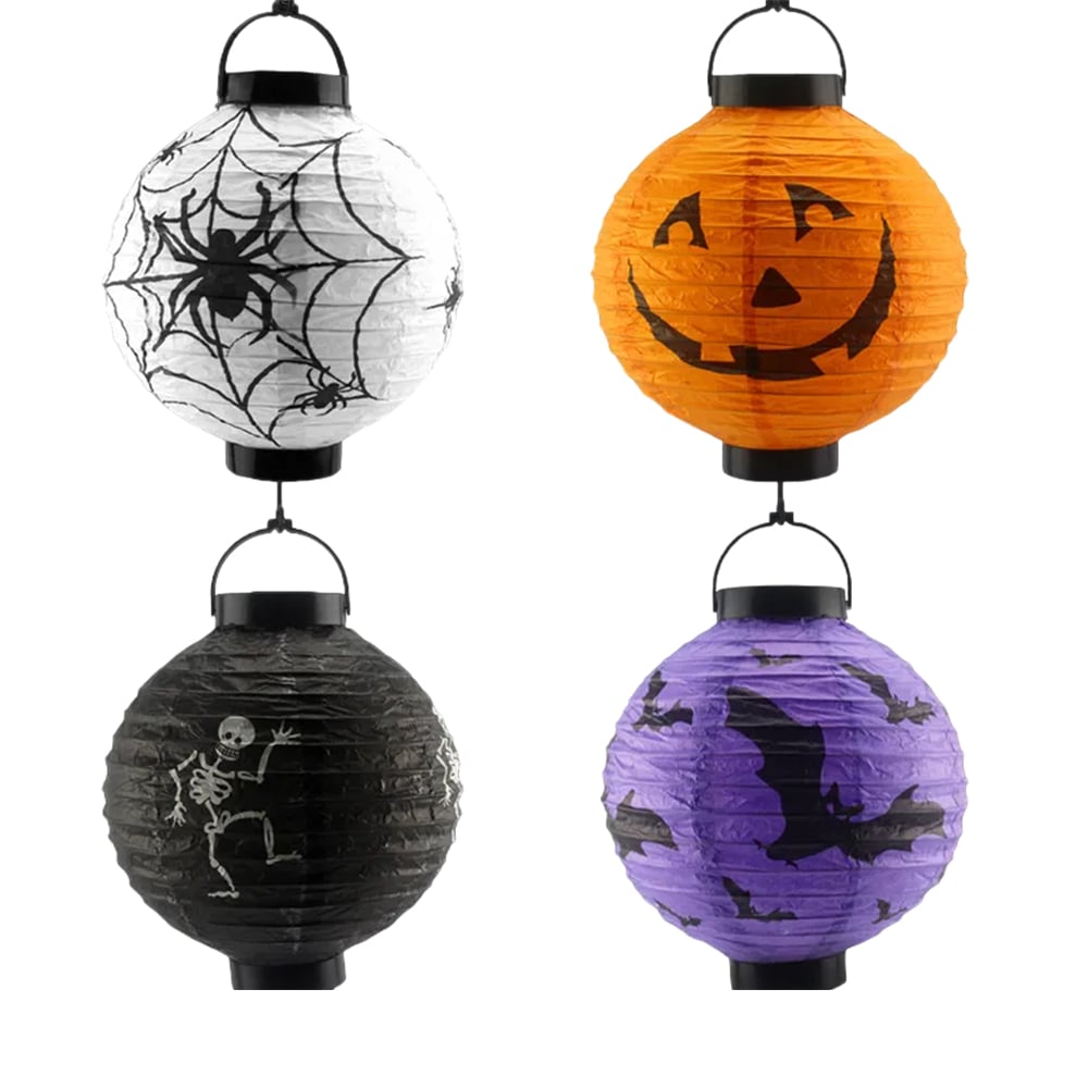 Halloween Cadılar Bayramı Japon Feneri Pilli 20 cm Siyah Renkli İskelet Desenli Korku Aksesuarı