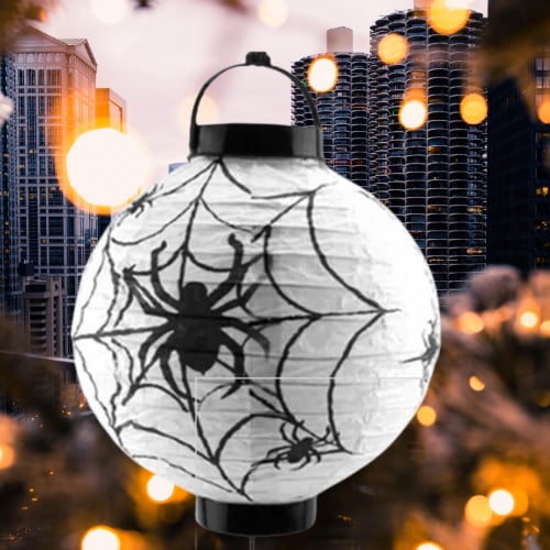 Halloween  Cadılar Bayramı Japon Feneri Pilli 20 cm Beyaz Örümcek Desenli Korku Aksesuarı
