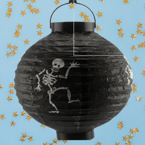 Halloween Cadılar Bayramı Japon Feneri Pilli 20 cm Siyah Renkli İskelet Desenli Korku Aksesuarı