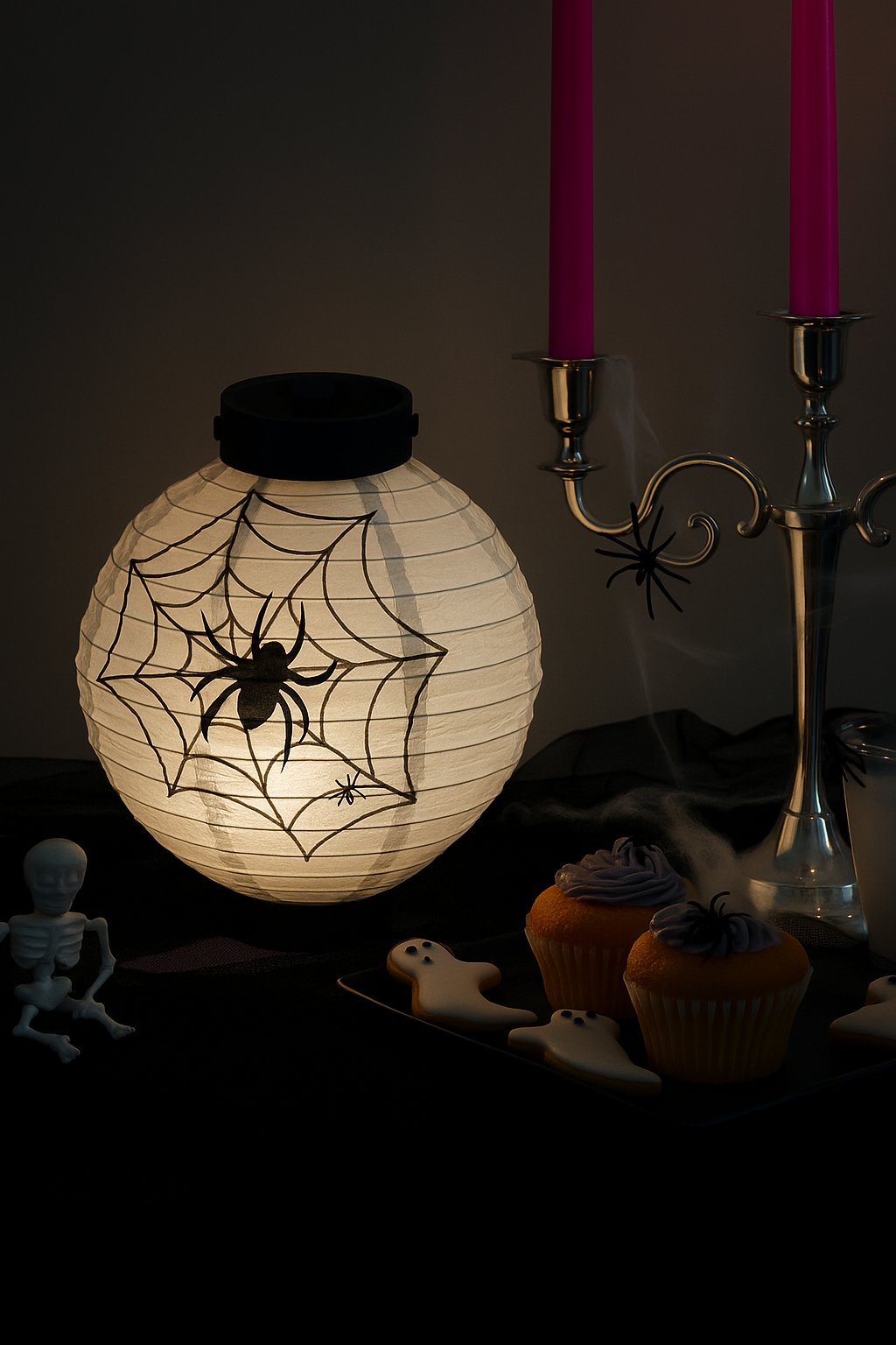 Halloween  Cadılar Bayramı Japon Feneri Pilli 20 cm Beyaz Örümcek Desenli Korku Aksesuarı
