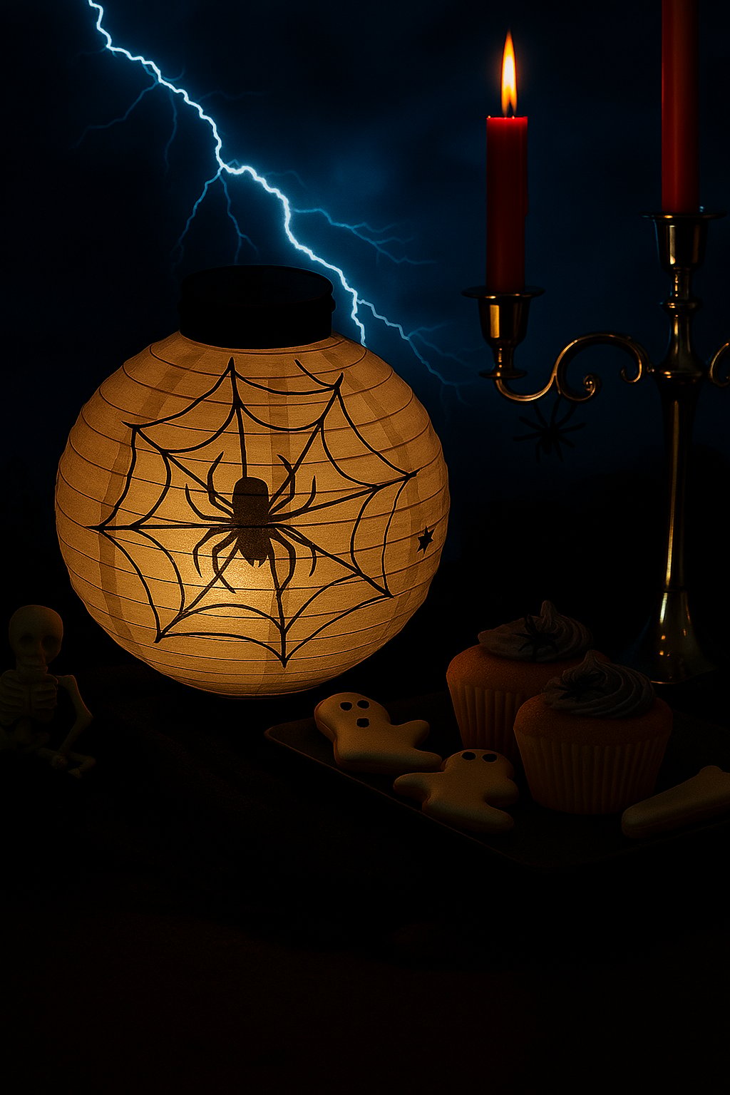 Halloween  Cadılar Bayramı Japon Feneri Pilli 20 cm Beyaz Örümcek Desenli Korku Aksesuarı