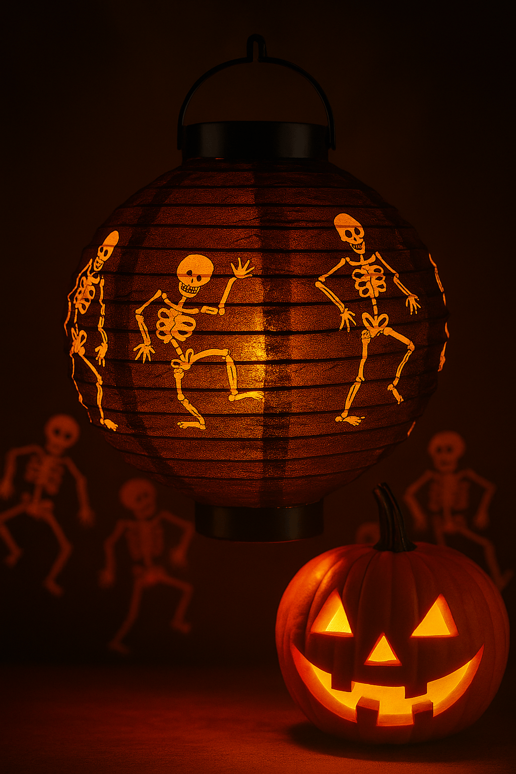 Halloween Cadılar Bayramı Japon Feneri Pilli 20 cm Siyah Renkli İskelet Desenli Korku Aksesuarı