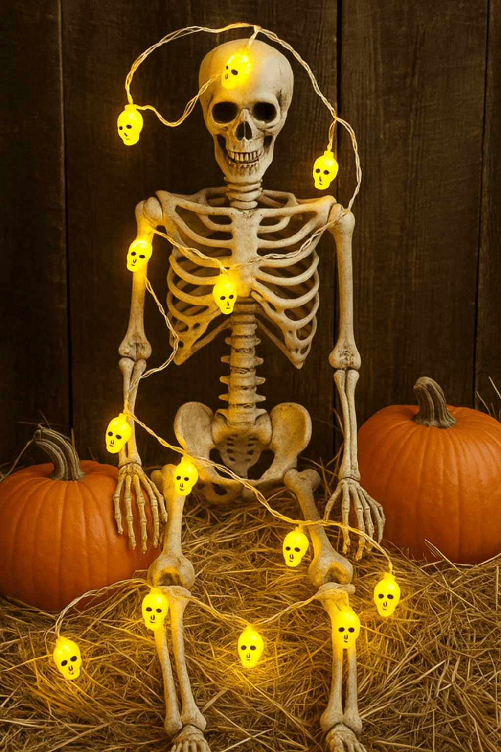 Halloween Cadılar Bayramı Led Işık Kuru Kafa Figür 2m 5cm lik 10lu pilli Parti Aksesuarı