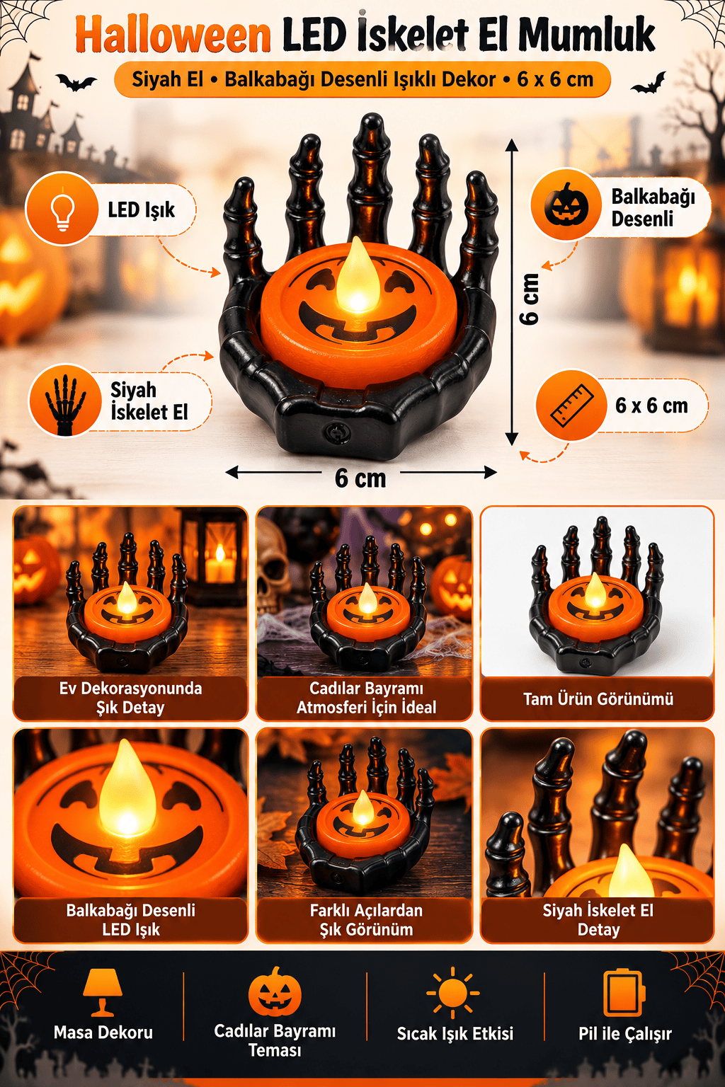 Halloween Cadılar Bayramı LED Işıklı İskelet El Mumluk Siyah Turuncu Balkabağı Dekoru
